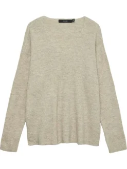 Pull écru uni en maille côtelée avec col v et manches longues