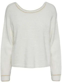 Pull écru uni en matière douce avec lurex doré au niveau du col v
