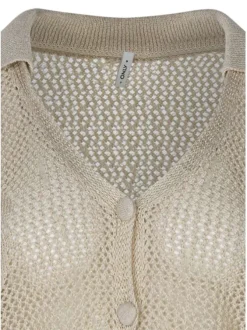 Pull écru uni pourvu d'un col v avec revers et d'une coupe droite