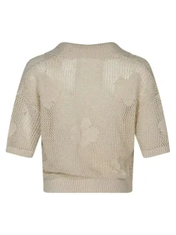 Pull écru uni pourvu d'un col v avec revers et d'une coupe droite