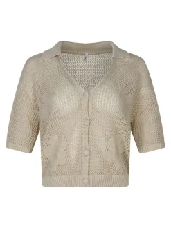 Pull écru uni pourvu d'un col v avec revers et d'une coupe droite