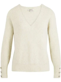 Pull écru uni pourvu d'un col v et de manches longues
