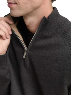 Pull en coton anthracite uni avec un col camionneur côtelé à zip