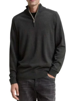 Pull en coton anthracite uni avec un col camionneur côtelé à zip
