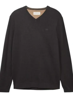 Pull en coton anthracite uni avec une coupe droite et un col en V