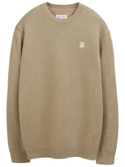 Pull en coton beige à coupe ample pourvu d'un col rond côtelé