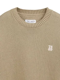 Pull en coton beige à coupe ample pourvu d'un col rond côtelé