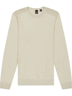 Pull en coton beige à coupe droite pourvu d'un col rond côtelé