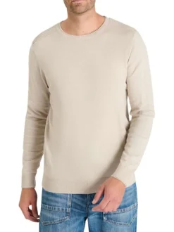 Pull en coton beige à coupe droite pourvu d'un col rond côtelé
