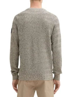 Pull en coton beige moucheté à coupe droite, col rond et manches longues