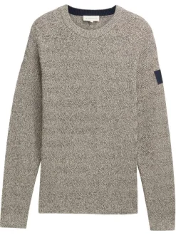 Pull en coton beige moucheté à coupe droite, col rond et manches longues