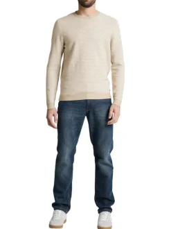 Pull en coton beige à rayures avec une coupe droite et un col rond