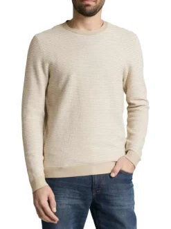 Pull en coton beige à rayures avec une coupe droite et un col rond