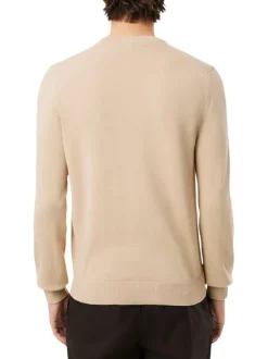 Pull en coton beige uni avec un col rond et des manches longues