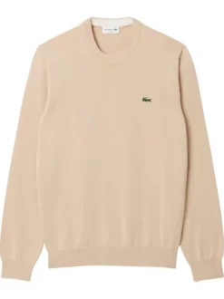 Pull en coton beige uni avec un col rond et des manches longues