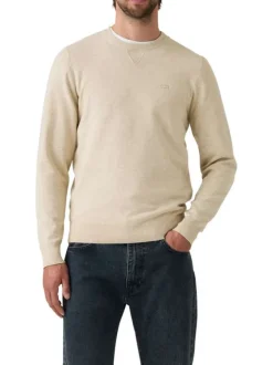 Pull en coton beige uni avec un col rond et des manches longues