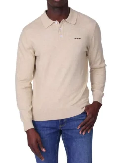Pull en coton beige uni avec une coupe droite et un col polo