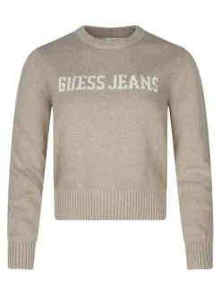 Pull en coton beige uni coupe ajustée et un col rond en bord côte
