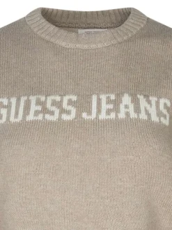 Pull en coton beige uni coupe ajustée et un col rond en bord côte