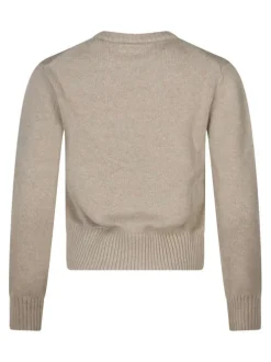 Pull en coton beige uni coupe ajustée et un col rond en bord côte