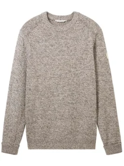 Pull en coton beige uni coupe droite avec un col rond et un patch au bras