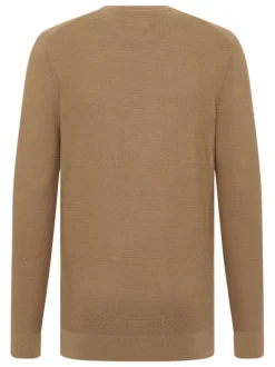 Pull en coton beige uni droit à col rond et à manches longues avec bord-côte