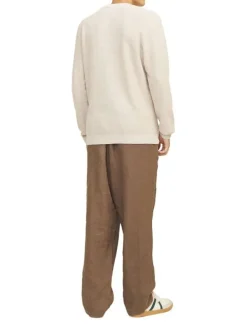 Pull en coton beige uni effet texturée avec une coupe droite et un col rond