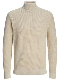Pull en coton biologique beige en maille gaufrée à coupe droite et col roulé