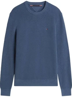 Pull en coton biologique bleu à coupe ajustée pourvu d'un col rond