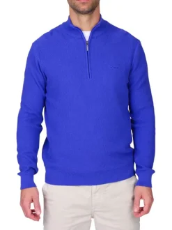 Pull en coton biologique bleu uni avec une coupe droite et un col camionneur
