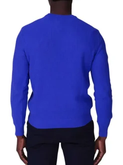 Pull en coton biologique bleu uni avec une coupe droite et un col rond