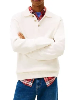 Pull en coton biologique écru uni avec une coupe droite et un col à revers