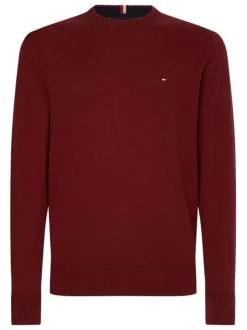 Pull en coton biologique (en partie) bordeaux uni à coupe droite col rond et petit logo brodé