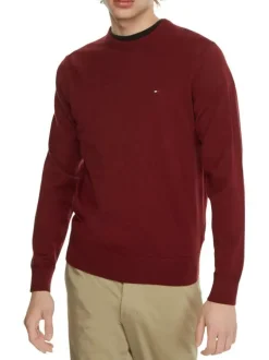 Pull en coton biologique (en partie) bordeaux uni à coupe droite col rond et petit logo brodé