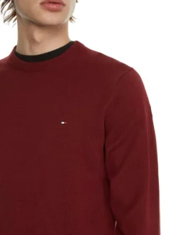 Pull en coton biologique (en partie) bordeaux uni à coupe droite col rond et petit logo brodé