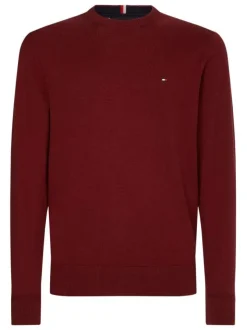Pull en coton biologique (en partie) bordeaux uni à coupe droite col rond et petit logo brodé