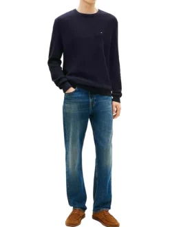 Pull en coton biologique marine à coupe ajustée pourvu d'un col rond