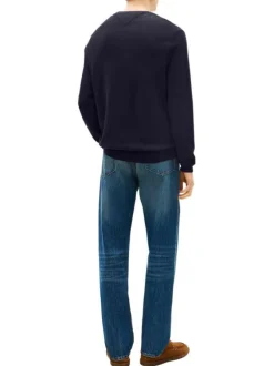 Pull en coton biologique marine à coupe ajustée pourvu d'un col rond