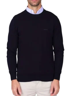Pull en coton biologique marine uni avec une coupe droite et un col polo