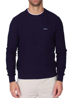 Pull en coton biologique marine uni avec une coupe droite et un col rond