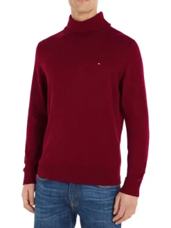 Pull en coton biologique mélangé bordeaux en maille jersey à coupe droite et col roulé