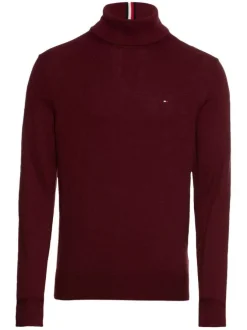 Pull en coton biologique mélangé bordeaux en maille jersey à coupe droite et col roulé