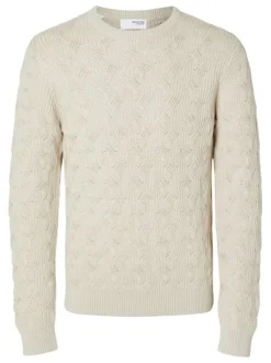 Pull en coton biologique mélangé écru en maille torsadée coupe droite col rond