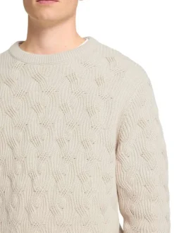 Pull en coton biologique mélangé écru en maille torsadée coupe droite col rond