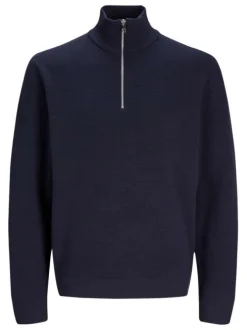 Pull en coton biologique mélangé marine uni à coupe droite et col camionneur