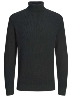 Pull en coton biologique noir en maille gaufrée à coupe droite et col roulé