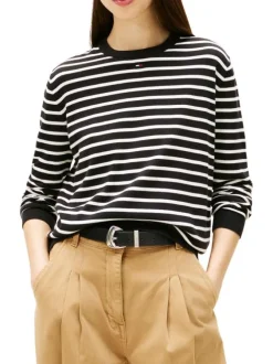 Pull en coton biologique noir à rayures avec une coupe droite et un col rond