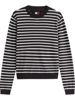 Pull en coton biologique noir à rayures avec une coupe droite et un col rond