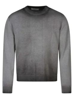 Pull en coton biologique noir uni pourvu d'un col rond et d'un aspect fumé