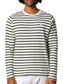 Pull en coton blanc à rayures bleues marine avec un col rond et une coupe droite